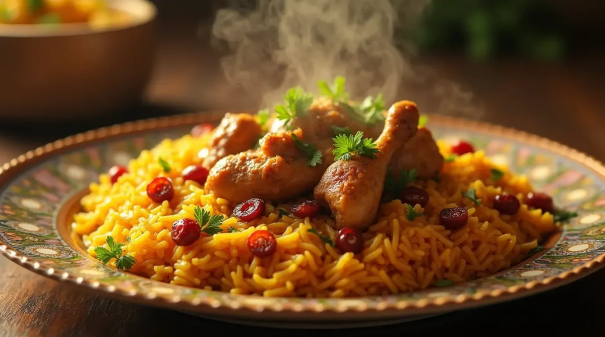 "A plate of traditional Middle Eastern kabsah with golden basmati rice, spiced chicken, toasted almonds, raisins, and fresh herbs, served on a decorative platter."