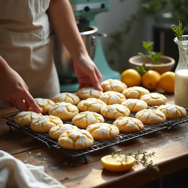 A cozy baking scene featuring freshly baked lemon crinkle cookies cooling on a rustic wooden table. A baker's hands are placing a tray of steaming cookies with crackled powdered sugar tops onto a cooling rack. Nearby, a stand mixer with leftover dough, fresh lemons, a grater with zest, and bowls of granulated and powdered sugar hint at the baking process. A handwritten recipe card and a glass of cold milk sit in the background, completing the warm and inviting kitchen setting