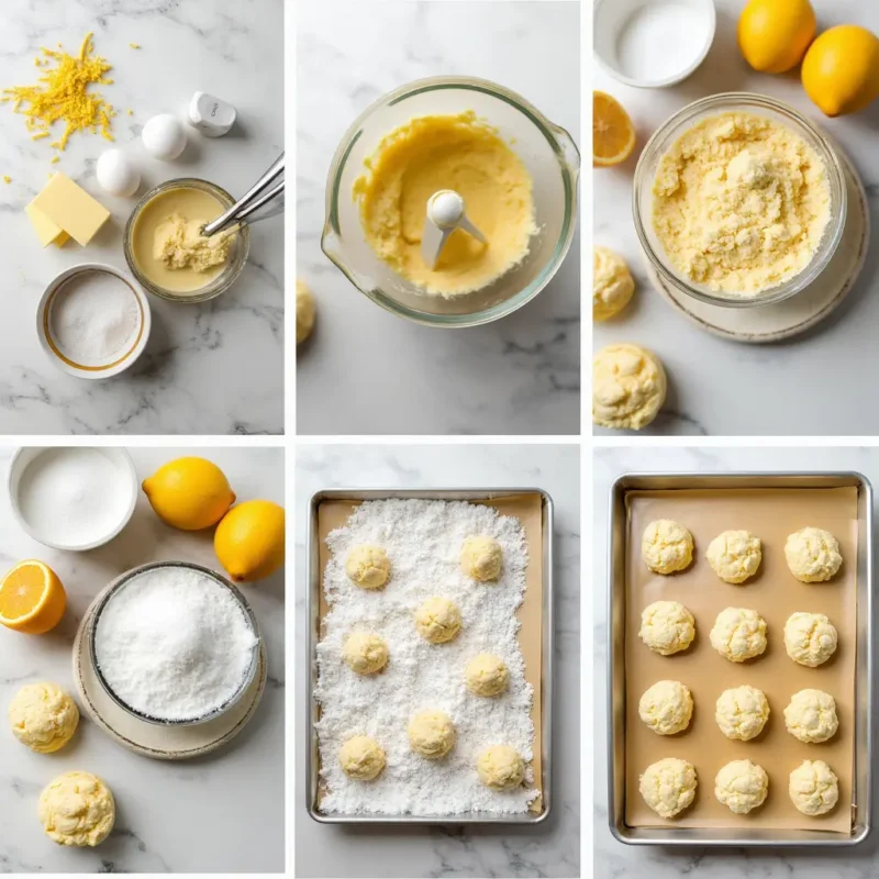 A step-by-step visual guide to making lemon crinkle cookies, showcasing key stages of the recipe. The image includes neatly arranged ingredients like butter, sugar, eggs, fresh lemons, and flour on a kitchen counter. A mixing bowl shows creamy butter and sugar being blended, while hands roll dough into balls and coat them in granulated and powdered sugar. Freshly baked cookies with crackled tops sit on a baking sheet, highlighting the final delicious result