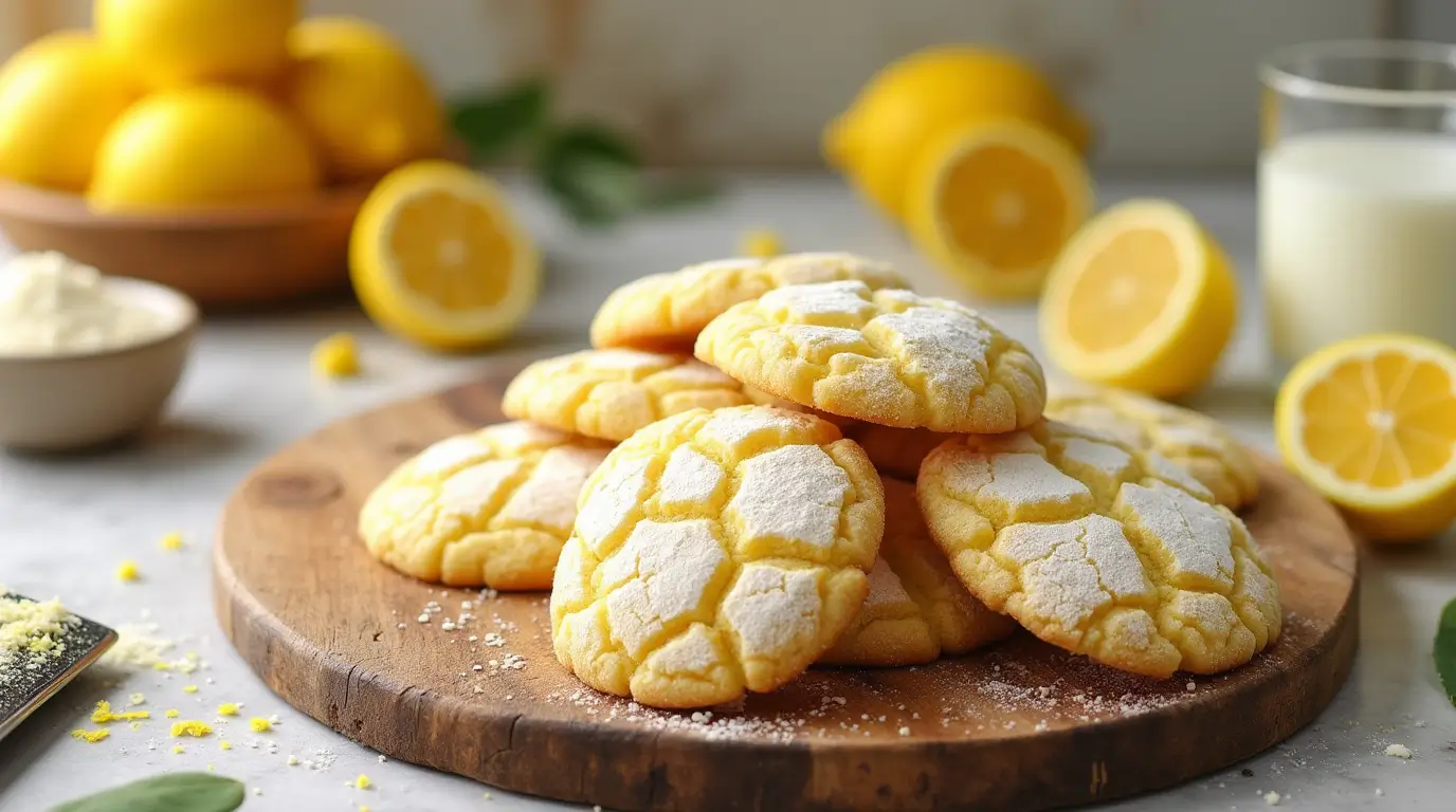 A close-up shot of soft and chewy lemon crinkle cookies with crackled powdered sugar tops, arranged on a rustic wooden surface. Fresh lemons, a small bowl of granulated sugar, and a grater with lemon zest are scattered around the cookies, creating a bright and inviting citrus-themed baking scene. A glass of cold milk sits in the background, completing the cozy and appetizing dessert display