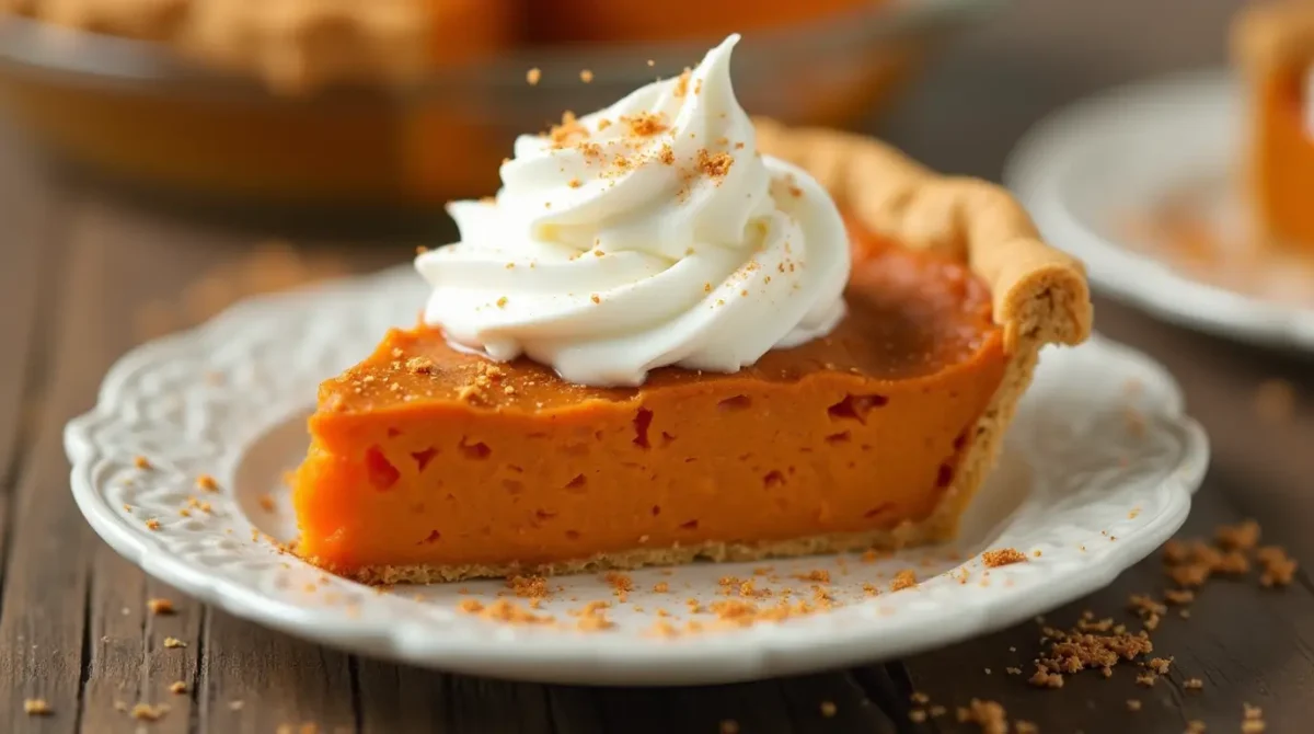 An image showing a piece of sweet potato pie topped with cream that looks delicious.