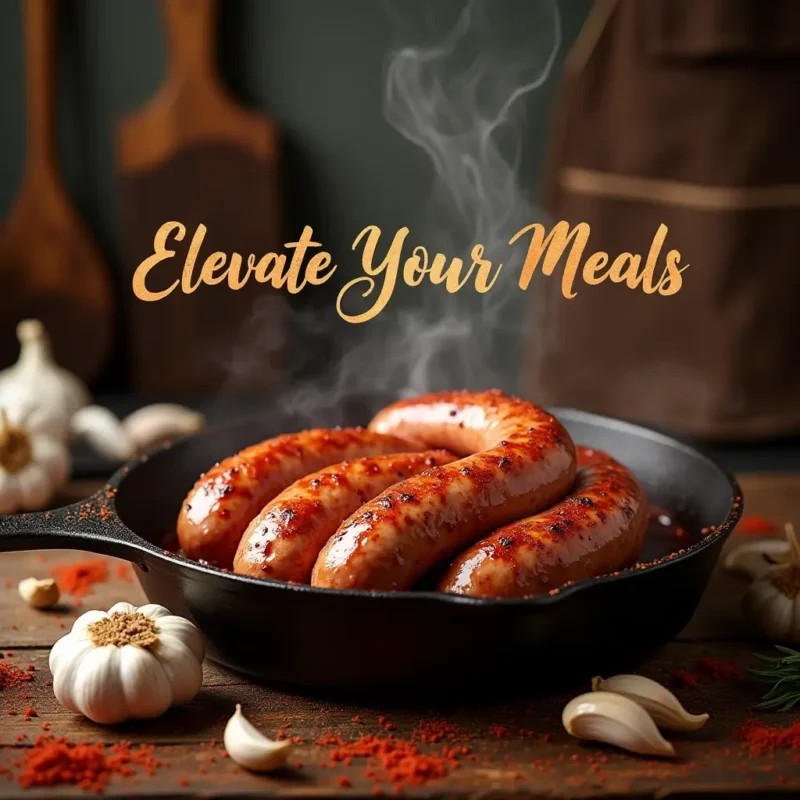 Juicy beef sausages sizzling in a skillet with garlic and paprika, creating an aromatic and flavorful cooking scene."