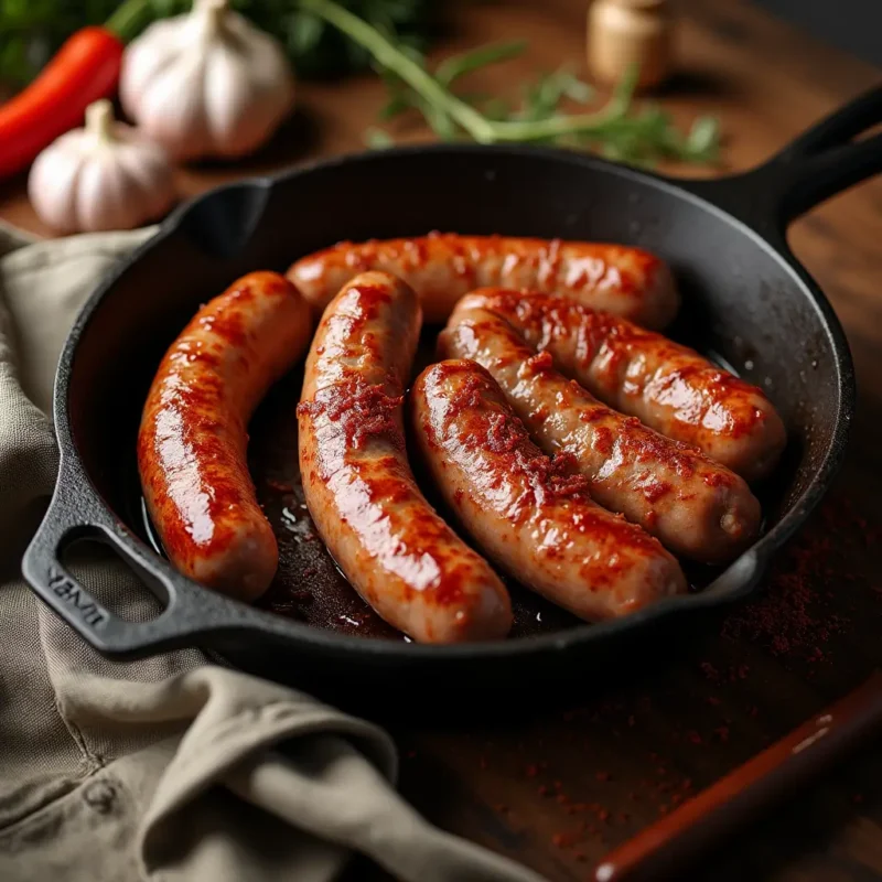 "Juicy beef sausages sizzling in a skillet with garlic and paprika, creating an aromatic and flavorful cooking scene."