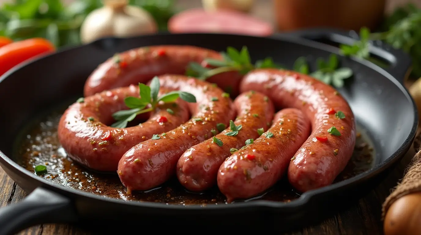 Plump homemade beef sausages sizzle in a cast-iron skillet with garlic and paprika, releasing aromatic steam in a cozy kitchen setting."