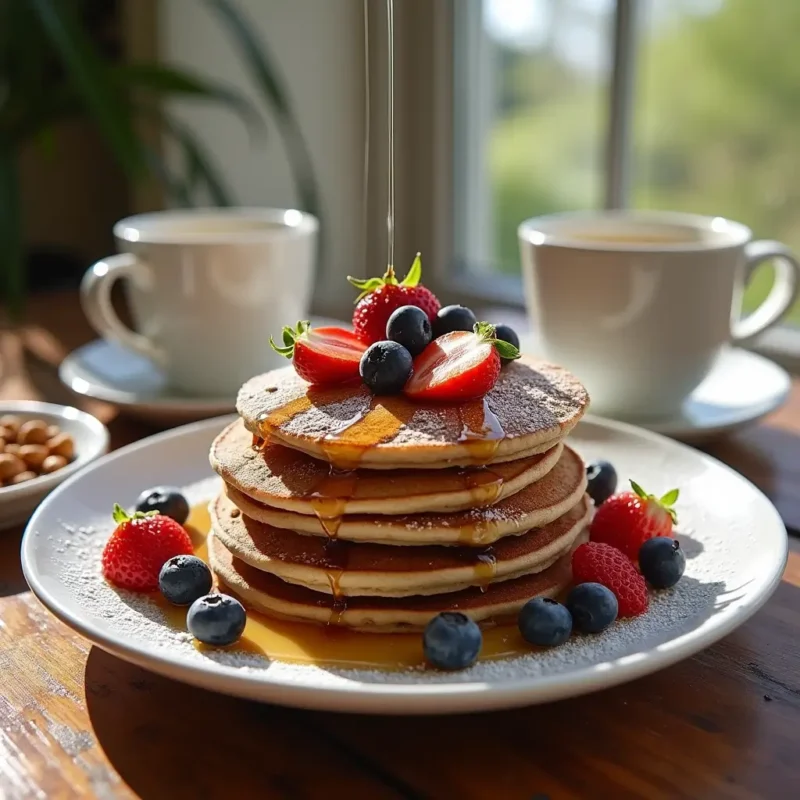 Fluffy buckwheat pancakes topped with fresh berries, nuts, and a drizzle of maple syrup, served on a rustic wooden table with a side of almond milk, highlighting their gluten-free and nutritious qualities."