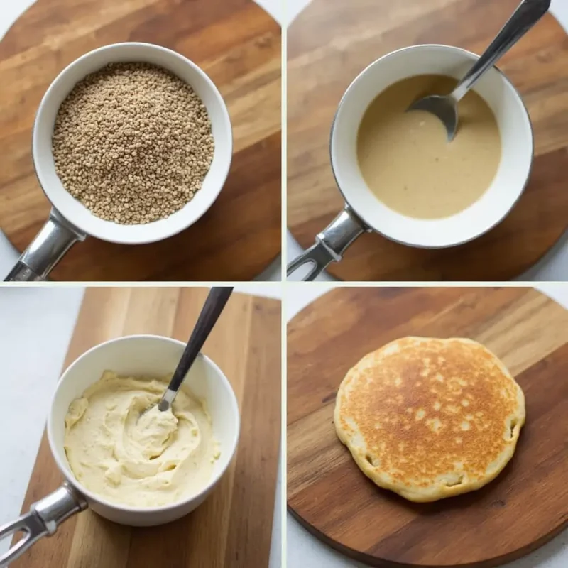 "Step-by-step guide to making fluffy buckwheat pancakes, showcasing key ingredients like buckwheat flour, almond milk, and eggs, with a focus on gluten-free nutrition and delicious toppings like berries and syrup."