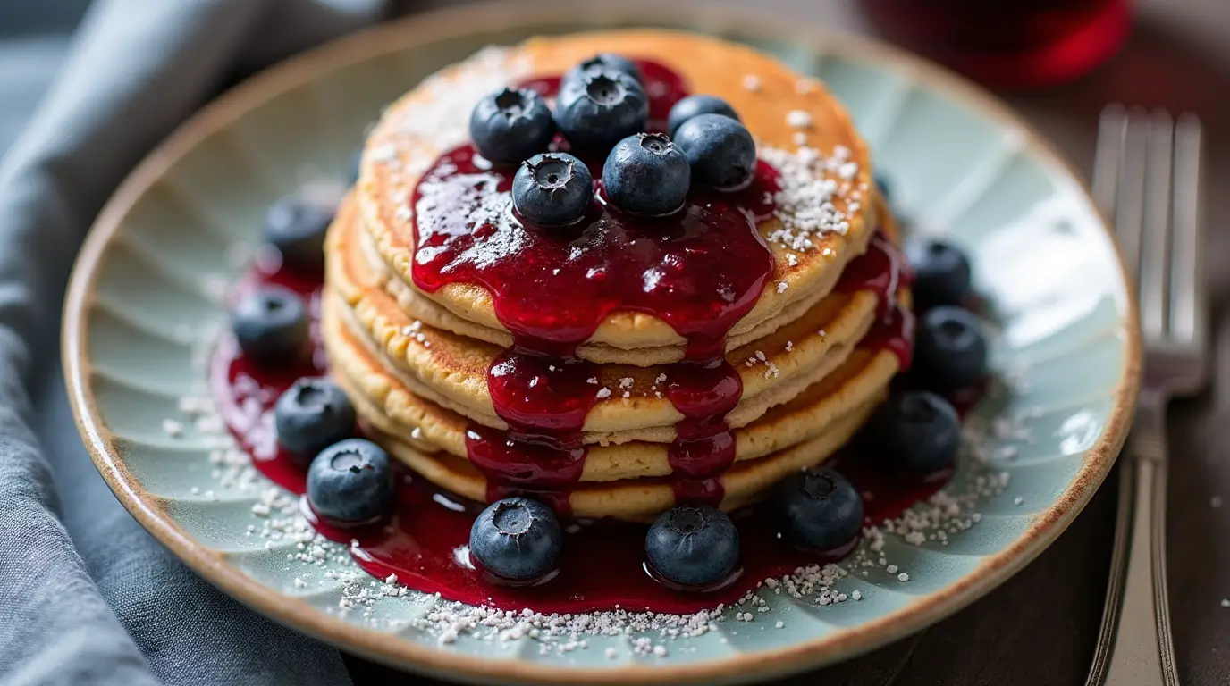 "Stack of golden buckwheat pancakes topped with blue berries and syrup