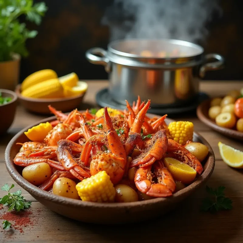 "A vibrant Cajun seafood boil featuring fresh shrimp, crab legs, corn, and potatoes, seasoned with Cajun spices, served on a rustic table with lemon wedges and fresh herbs, capturing the essence of Louisiana's rich culinary tradition."