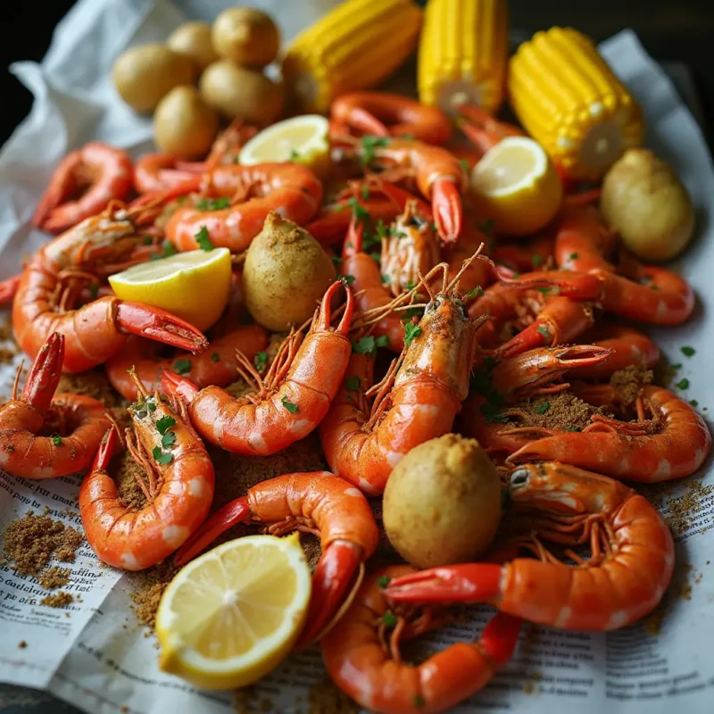 "A rustic table covered in newspaper, piled high with fresh shrimp, crab legs, corn, and potatoes from a Cajun seafood boil. Vibrant spices, lemon wedges, and fresh herbs add color, while empty shells capture the lively, communal spirit of Louisiana dining."