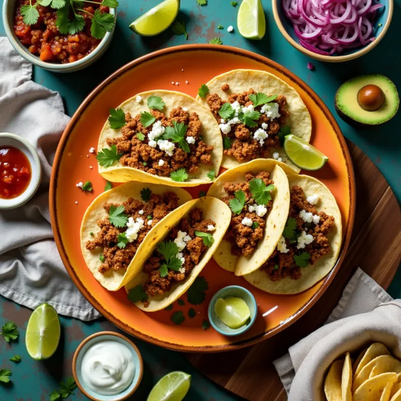 "A large platter of Chicken Tinga Tacos served family-style with bowls of salsa, lime wedges, and fresh toppings.