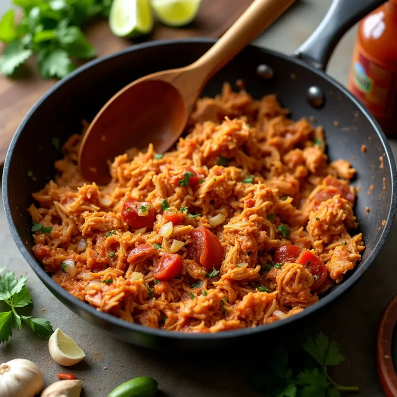 "Shredded chicken being sautéed in a skillet with olive oil, onions, and garlic for Chicken Tinga Tacos."