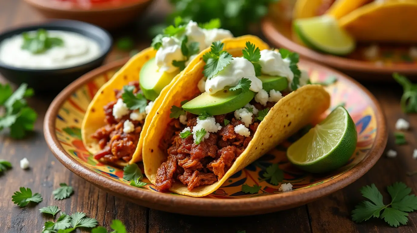 "Delicious Chicken Tinga Tacos topped with fresh cilantro, diced onions, avocado slices, and crumbled queso fresco, served on warm corn tortillas with a lime wedge garnish."