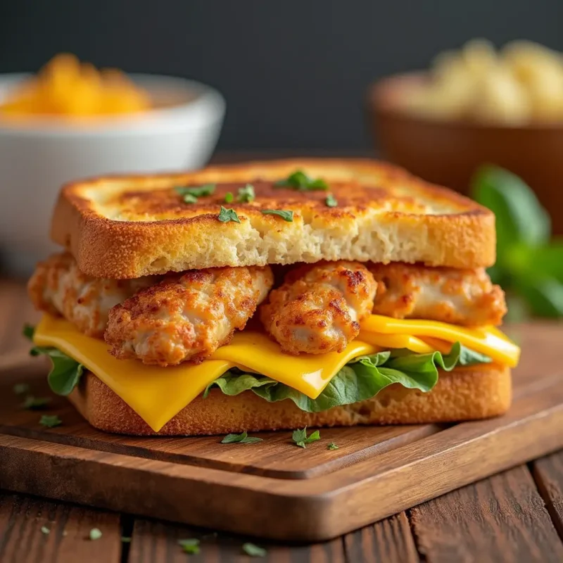 image featuring a chicken and cheese sandwich where we can see roasted bread filled with crispy chicken and a layer of cheese and lutes a mouth watering image 