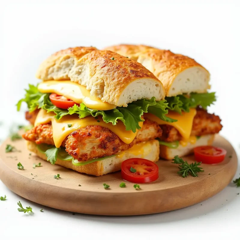 Infographic for a chicken and cheese sandwich recipe, showing ingredients (bread, chicken, cheese, lettuce, tomato, sauce), step-by-step instructions, and a photo of the finished sandwich on a wooden board.