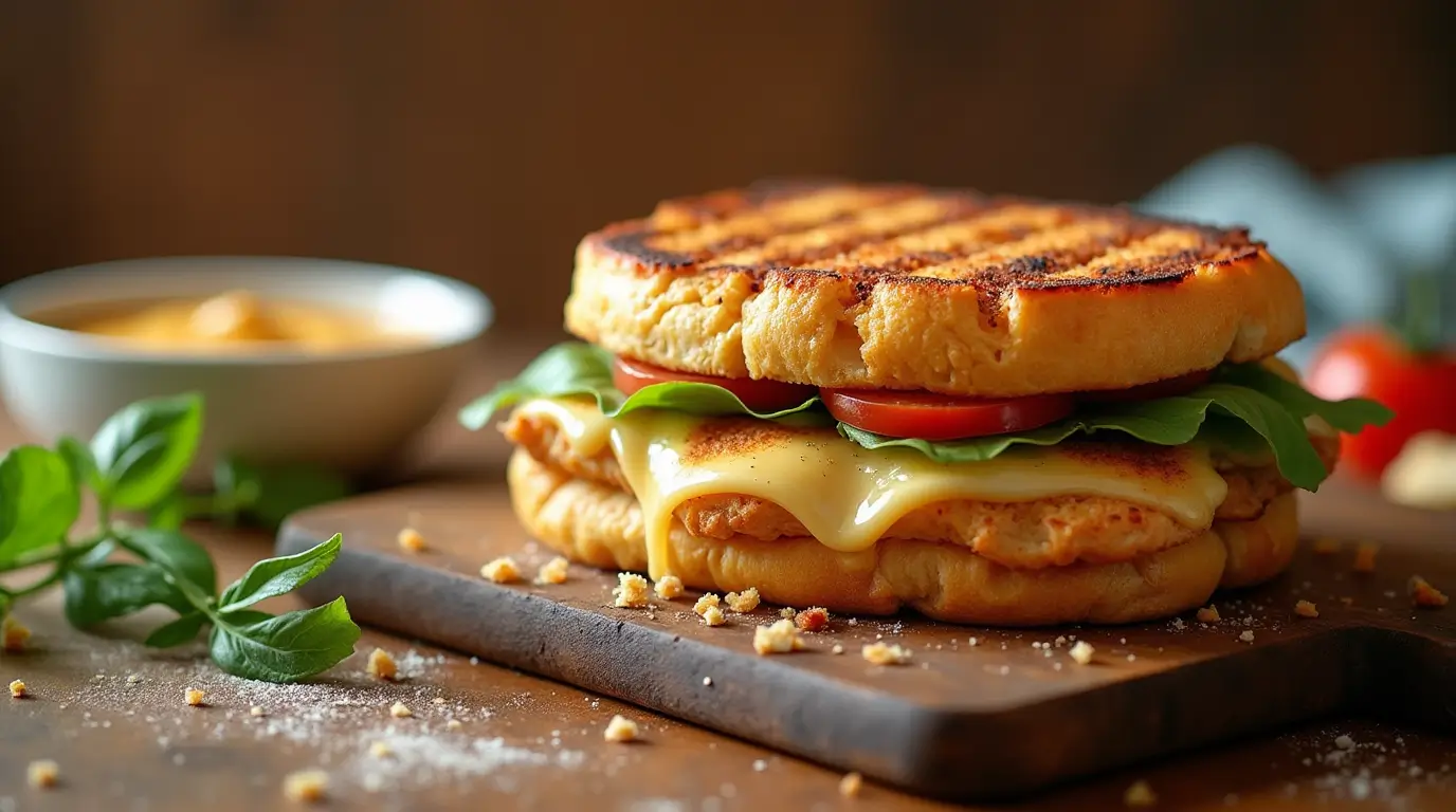 "A close-up of a grilled chicken and cheese sandwich, showcasing melted cheese, tender chicken, and fresh lettuce and tomato, served on a rustic wooden cutting board with a side of dipping sauce and fresh herbs."