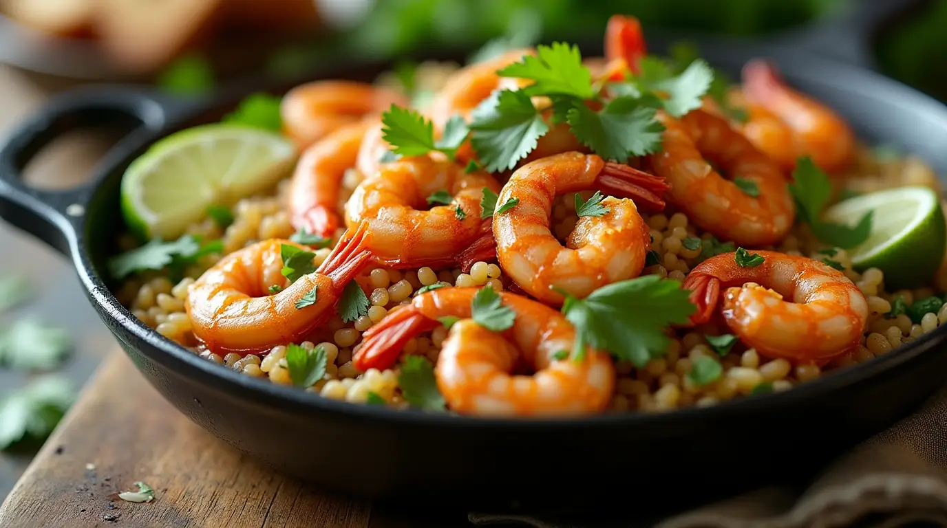 A vibrant dish of cilantro lime shrimp served in a skillet, garnished with fresh cilantro sprigs and lime wedges. The shrimp are perfectly cooked and coated in a zesty cilantro lime marinade, surrounded by optional sides like cilantro lime rice and roasted vegetables. The image highlights the fresh, flavorful, and healthy nature of the dish, perfect for a quick weeknight dinner.