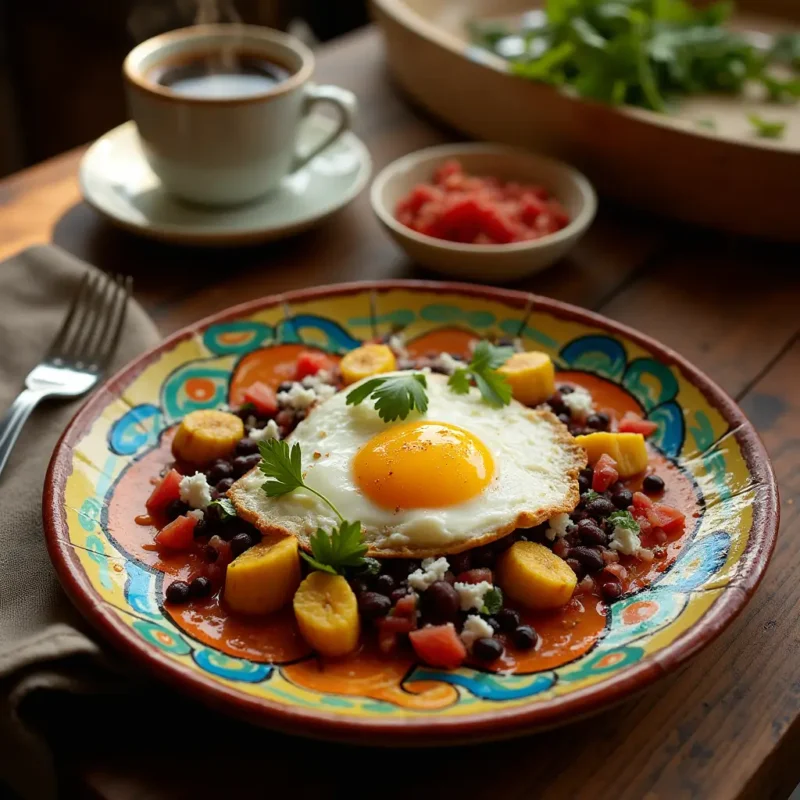 "A beautifully plated serving of Huevos Motuleños on a colorful ceramic dish, featuring a sunny-side-up egg, refried black beans, diced tomatoes, sliced plantains, and crumbled queso fresco. Garnished with fresh cilantro leaves and drizzled with spicy red salsa, served on a rustic wooden table with a cup of Mexican coffee and a small bowl of salsa on the side. Warm lighting creates a cozy and inviting atmosphere, evoking the feeling of a traditional Yucatán breakfast."