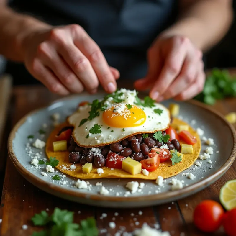 "Close-up of a chef’s hands assembling Huevos Motuleños, layering a crispy corn tortilla with refried black beans, a sunny-side-up egg, and crumbled queso fresco. Fresh ingredients like diced tomatoes, sliced plantains, and cilantro leaves are scattered around the plate, showcasing the vibrant colors and textures of this traditional Yucatán dish."