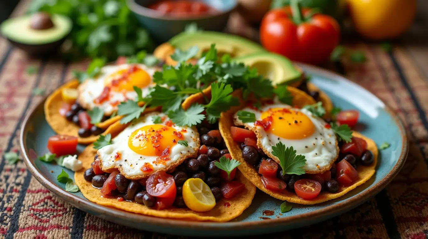 A vibrant plate of traditional Huevos Motuleños, featuring sunny-side-up eggs on crispy corn tortillas, topped with refried black beans, crumbled queso fresco, diced tomatoes, and sliced plantains. Garnished with fresh cilantro leaves and drizzled with spicy red salsa, served on a rustic wooden table with a Mexican woven table runner in the background. A side of avocado slices and a small bowl of salsa complete the dish, showcasing the rich flavors and colors of Yucatán cuisine."