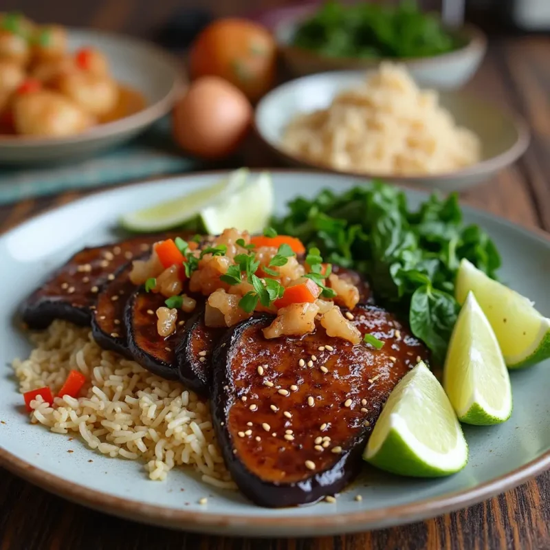 "A glossy miso-glazed eggplant dish served with steamed rice, garnished with sesame seeds and lime wedges, showcasing rich umami flavors and Japanese culinary tradition."