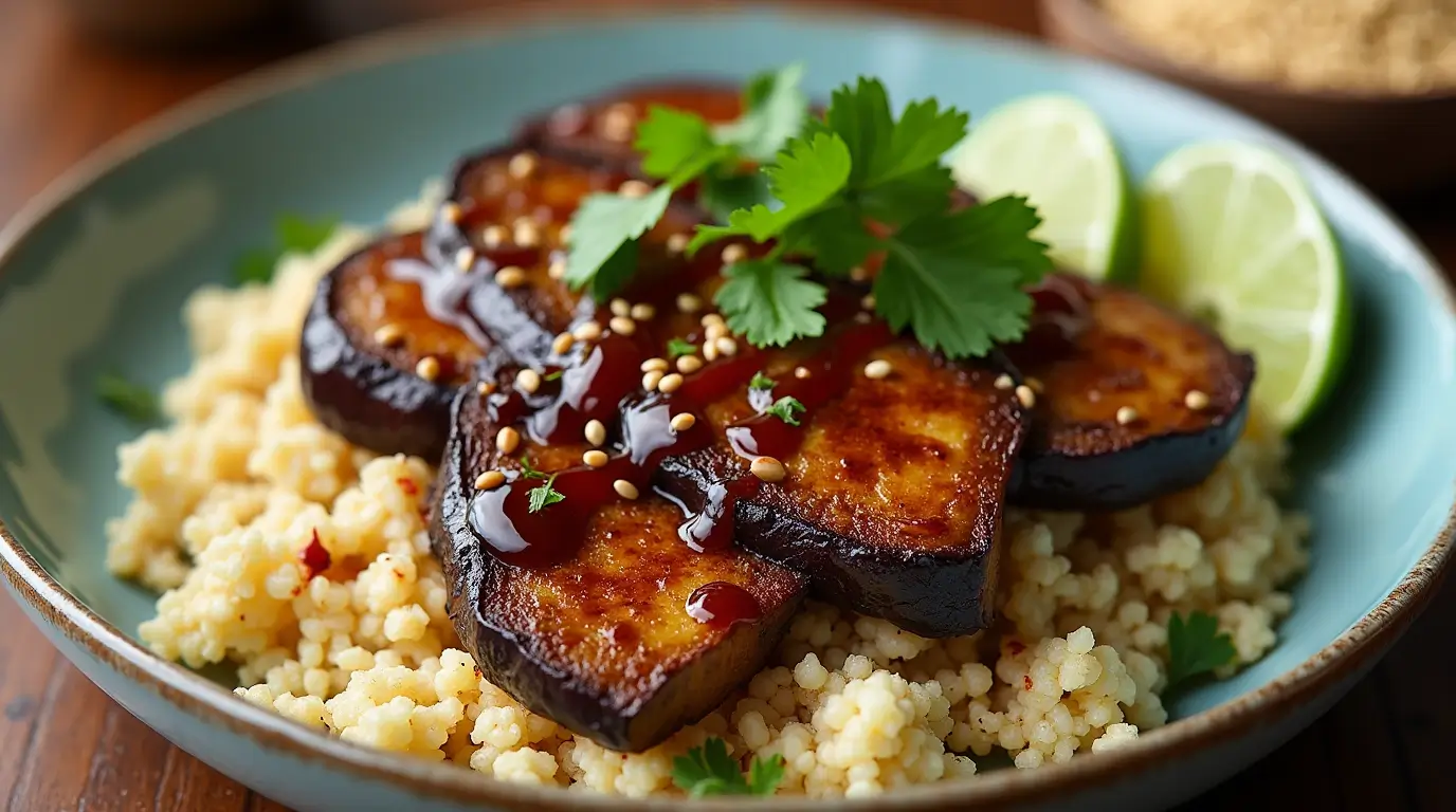 "Glazed miso eggplant steaks served on a bed of toasted sesame cauliflower rice, garnished with fresh cilantro, lime wedges, and sesame seeds. A vibrant, plant-based Japanese dish showcasing rich umami flavors."