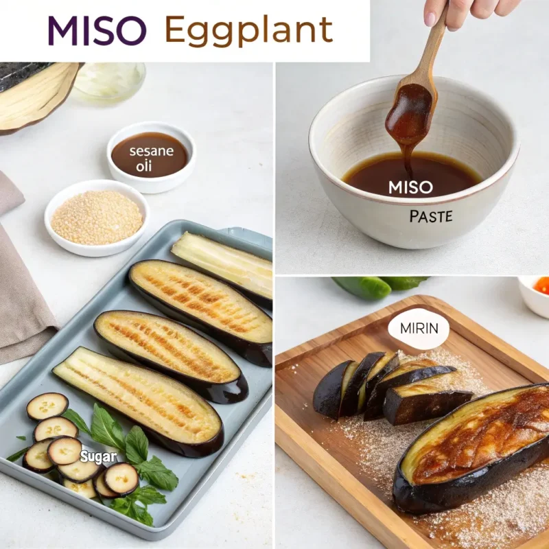 "Step-by-step preparation of miso eggplant: slicing the eggplant, salting to reduce bitterness, mixing miso glaze ingredients, brushing the glaze onto the eggplant, and broiling until caramelized and tender."