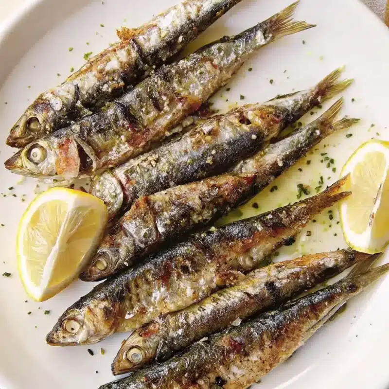 a top-down image of grilled sardines, one of the best testosterone boosters, served with sliced lemon