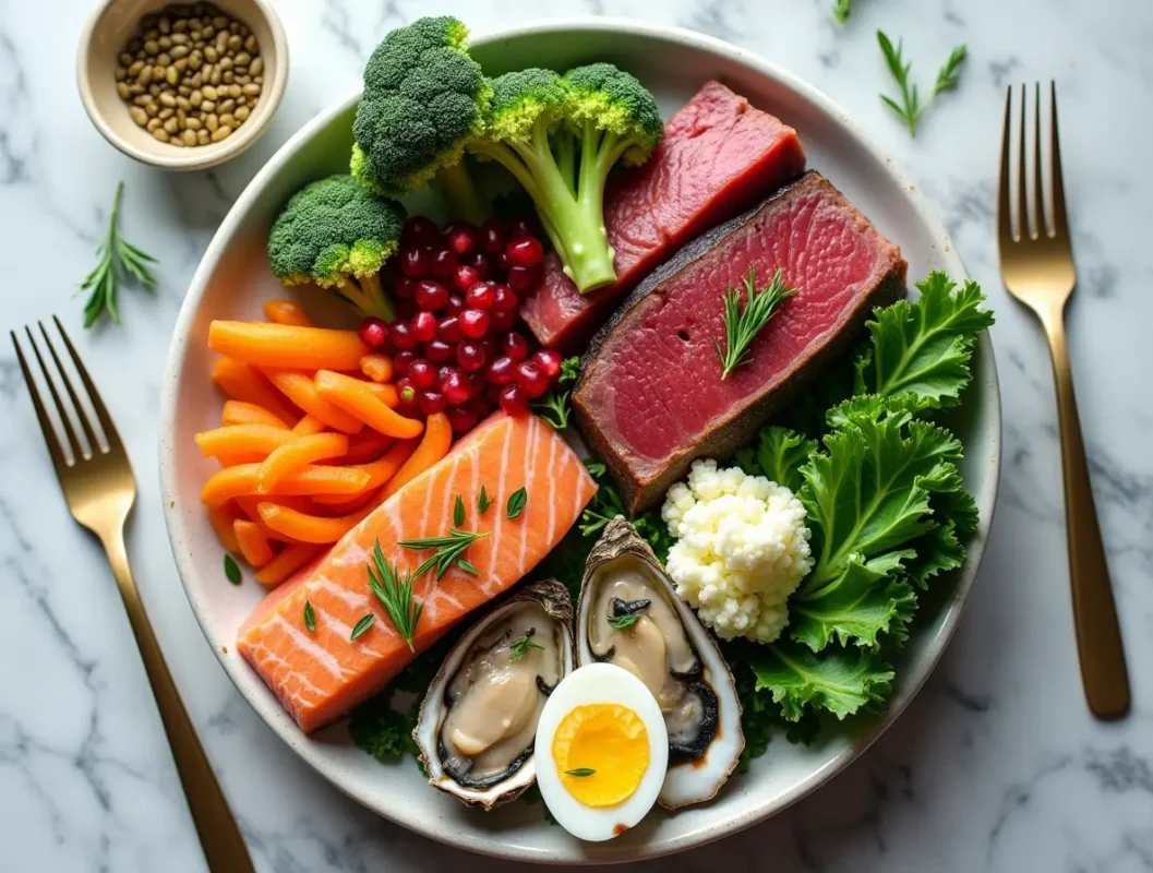"Top-down view of a nutrient-rich meal featuring testosterone-boosting foods like fatty fish, eggs, oysters, cruciferous vegetables, pomegranates, and grass-fed beef arranged on a white marble surface. The vibrant, healthy ingredients are styled to highlight their natural colors and textures, promoting men's health and hormonal balance."