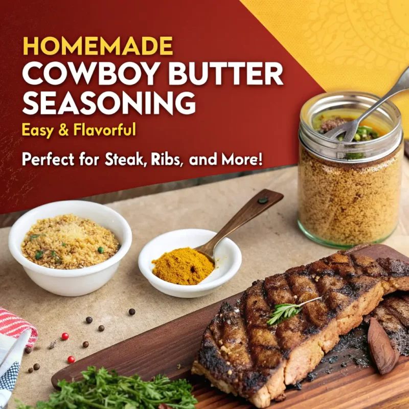 "Infographic showing how to make cowboy butter seasoning at home. Includes a photo of the seasoning in a jar, a grilled steak, and a list of ingredients like garlic, herbs, and spices. Step-by-step icons show mixing and application. Background features a rustic wooden table and greenery.