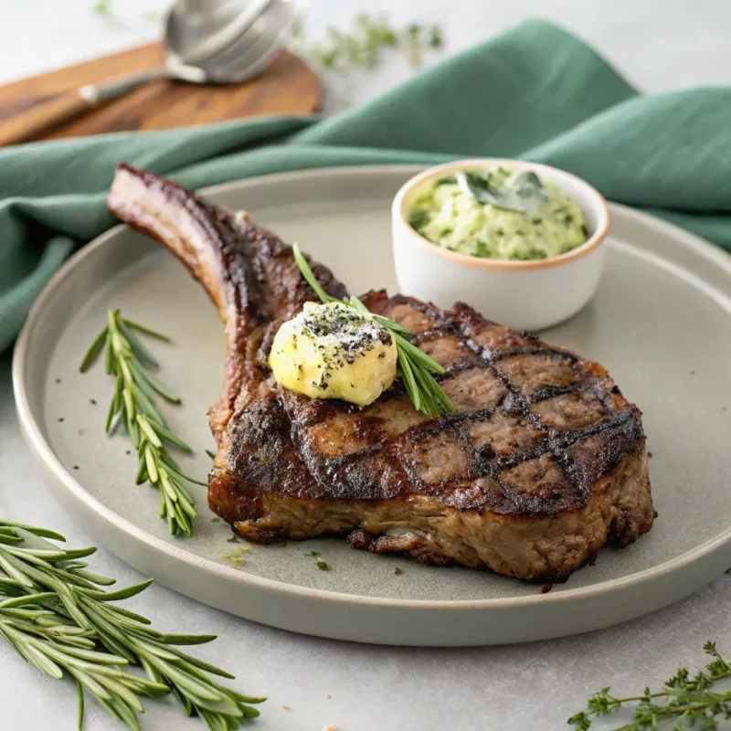 "Grilled ribeye steak with a bone-in cut, topped with herbed butter and fresh rosemary. Served on a neutral plate with a side bowl of compound butter and a green cloth background."