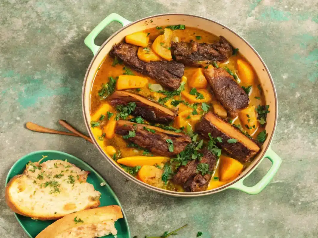 "A close-up of a hearty meat and fennel stew in a white pot with green handles. The dish features tender meat (chunks of fennel and fresh green herbs, all simmered in a rich, golden-orange broth. A piece of crusty bread sits nearby, ready to dip into the flavorful stew. The setting has a rustic, cozy feel against a textured teal backdrop
