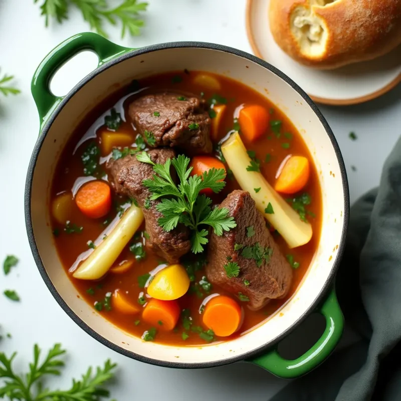 "A cozy, top-down view of a hearty beef and fennel stew in a white bowl, filled with tender beef pieces, sliced fennel, and golden broth. Fresh herbs garnish the dish, with a slice of crusty bread on the side, all set against a clean white background."