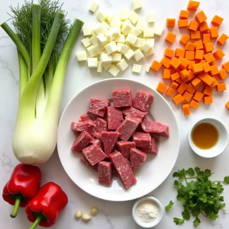 "Ingredients for a hearty fennel and meat stew, including chopped fresh fennel, boneless beef stew meat, diced carrots, red peppers, shallots or onions, garlic cloves, celery stalks, olive oil, flour, and fresh herbs like parsley or cilantro."