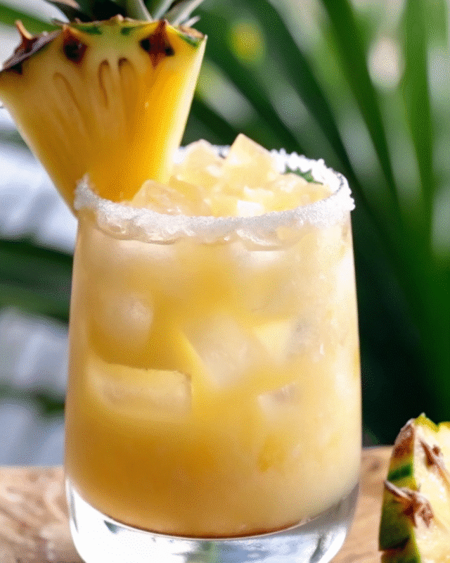 "Refreshing Pineapple Coconut Water with a Salted Rim and Fresh Pineapple Garnish"