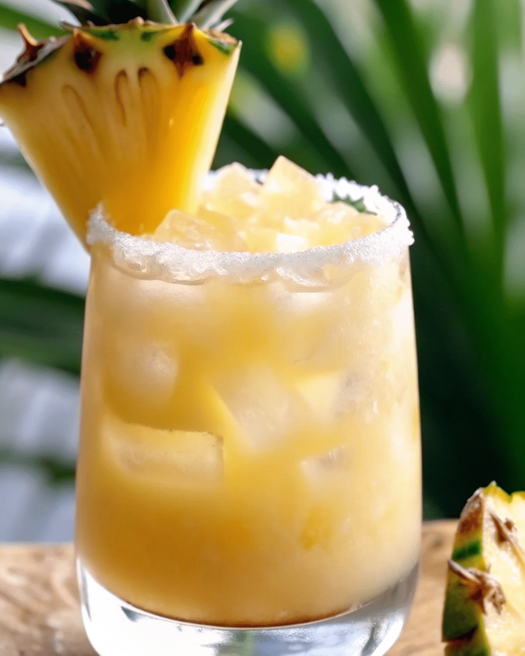 "Refreshing Pineapple Coconut Water with a Salted Rim and Fresh Pineapple Garnish"