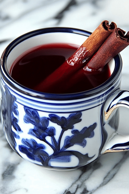 "A beautifully hand-painted Talavera mug filled with rich, deep red Mexican Cinnamon Tea (Té de Canela), garnished with a whole cinnamon stick. The intricate blue floral design on the white mug adds a touch of traditional charm, making it perfect for sipping on cool mornings or as a comforting evening treat."