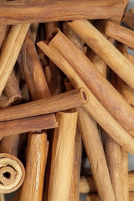 A close-up of a pile of light brown, aromatic cinnamon sticks (canela), showcasing their natural texture and warm, earthy appearance. The sticks are neatly arranged in a wooden basket, highlighting their versatility in cooking and traditional remedies.