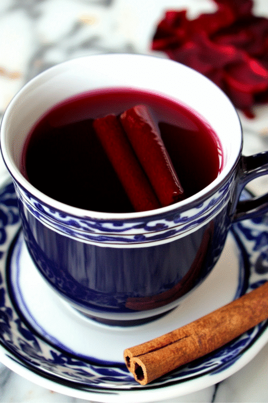 A blue and white ceramic mug filled with deep red hibiscus tea, garnished with cinnamon sticks, set on a matching saucer with additional cinnamon sticks and dried hibiscus flowers in the background.