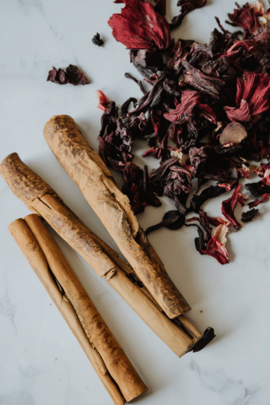 Dried hibiscus flowers and cinnamon sticks arranged on a light surface, highlighting their vibrant colors and textures.