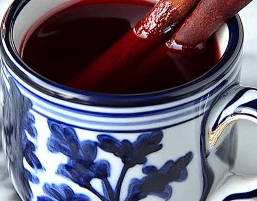 Hibiscus Cinnamon Tea in a ceramic mug with a cinnamon stick garnish