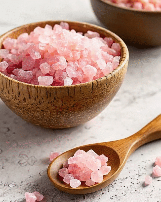 "A wooden bowl filled with vibrant pink Himalayan salt crystals, accompanied by a wooden spoon holding a small portion."