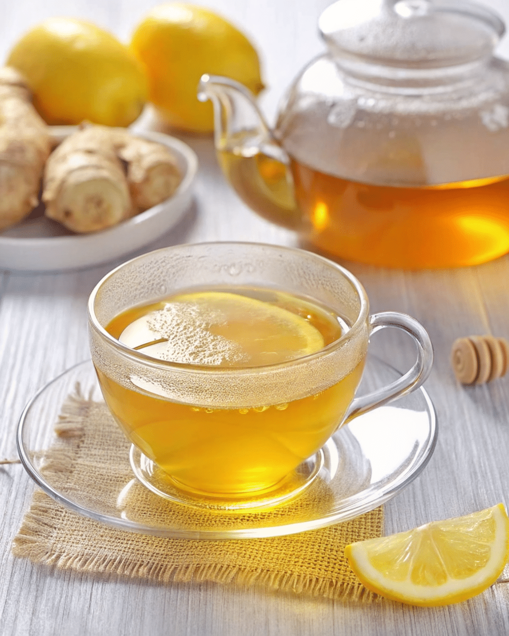 A steaming cup of ginger detox tea with lemon slices, surrounded by fresh ginger roots, lemons, and honey