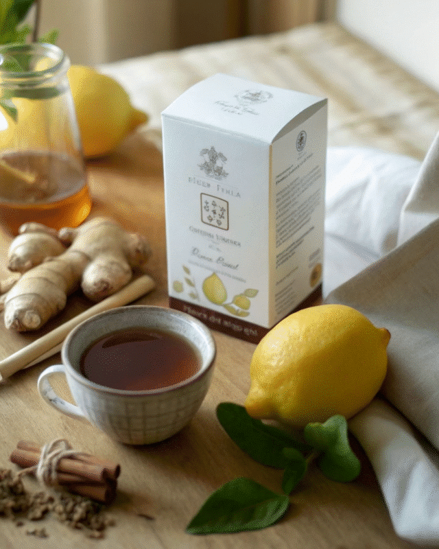 A cozy setup featuring a box of ginger tea, a cup of brewed tea, fresh ginger roots, cinnamon sticks, whole coffee beans, and a bright lemon with green leaves
