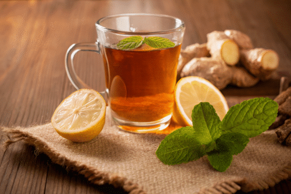 A steaming cup of ginger tea with lemon slices, fresh mint leaves, and ginger roots on a wooden table.