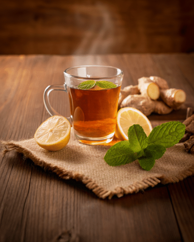 A steaming cup of ginger tea with lemon slices, fresh mint leaves, and ginger roots on a wooden table.