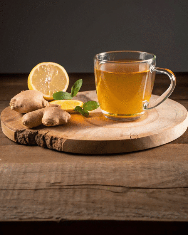 "A glass cup of ginger tea with lemon slices and fresh mint leaves on a wooden serving board."