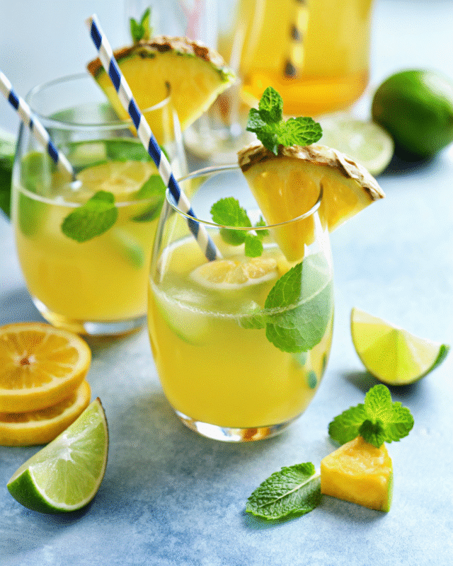 "Refreshing tropical cocktails with lemon, lime, mint, and pineapple garnishes, served in clear glasses with striped straws."