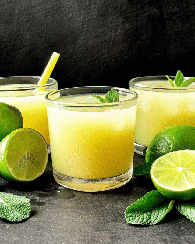 "Refreshing homemade pineapple coconut water in a glass with ice, garnished with mint and pineapple slice on a sunny table setting"