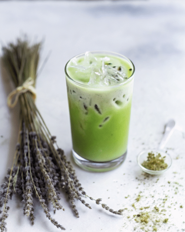 Iced matcha lavender latte in a clear glass with ice cubes, placed on a white surface next to a bundle of dried lavender and a small bowl of matcha powder.