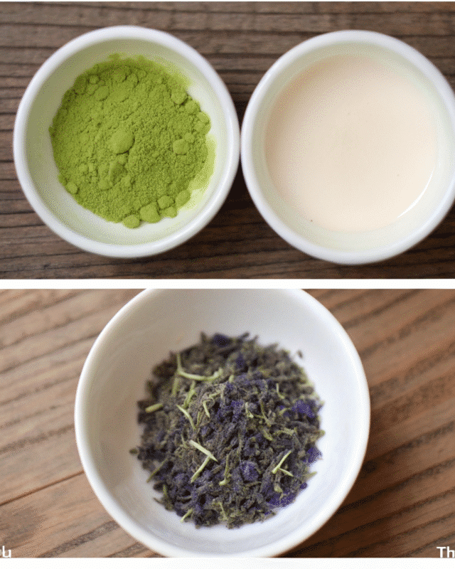 Three small white bowls containing matcha powder, cream, and dried lavender buds on a wooden surface.